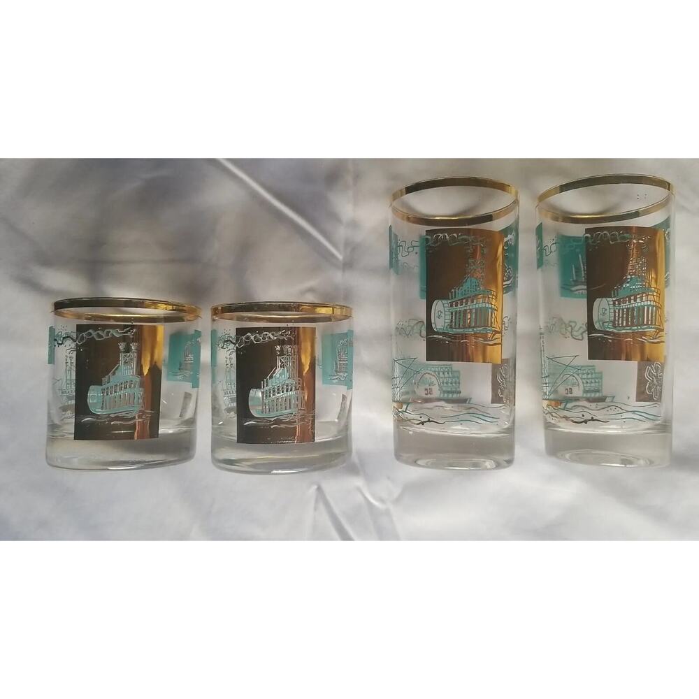 Vintage Libbey Southern Comfort Steamboat Glasses Gold Turquoise Lot Of 1